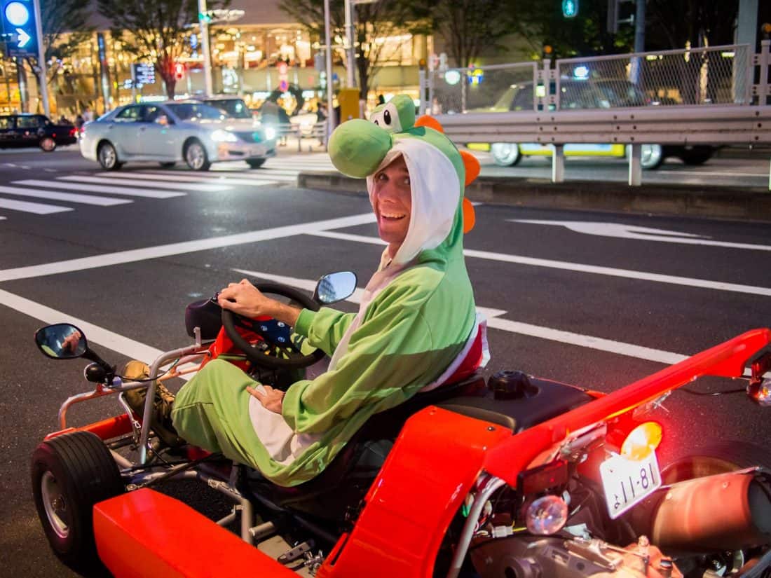 Simon dressed up as Yoshi on our go karting experience in Tokyo