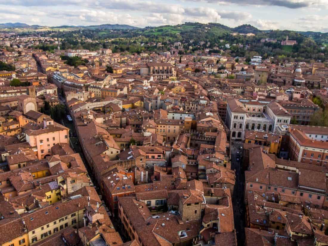 Terracotta roofs in Bologna from the Asinelli Tower, one of the best things to do in Bologna, Italy