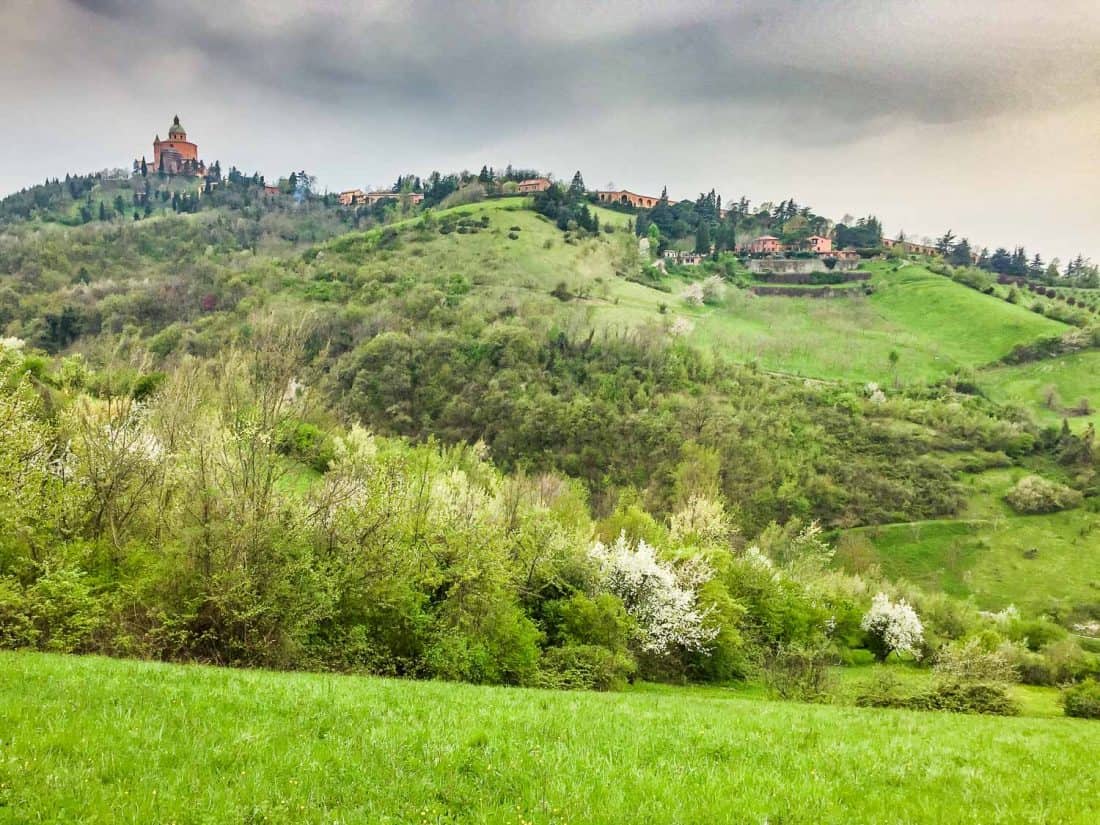 The view of San Luca from San Pellegrino park in Bologna, Italy