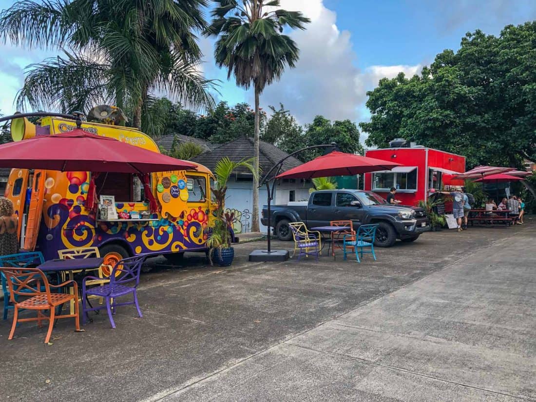 Colourful food trucks in Hana, Maui, Hawaii, USA
