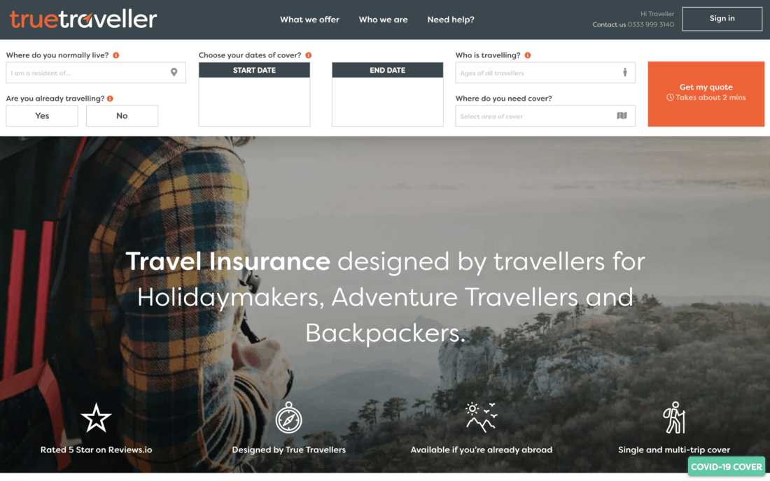 True Traveller insurance website