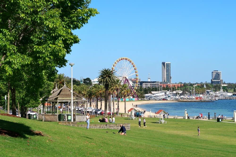 Geelong waterfront with city beach and Giant Sky Wheel in the distance, Victoria, Australia