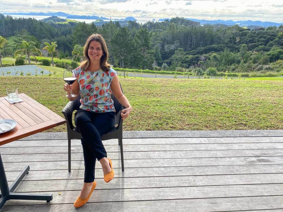 Wearing Allbirds flats at a winery in Bay of Islands