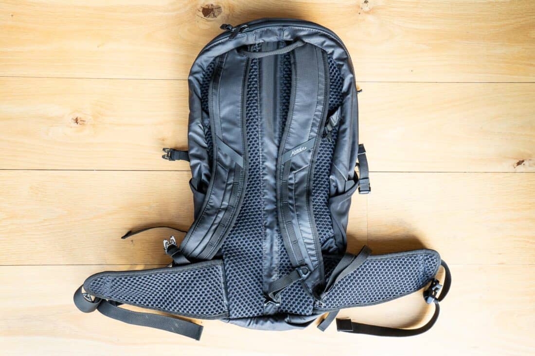 Padded back, straps and hip belt of the Matador Beast18 Ultralight Technical Backpack