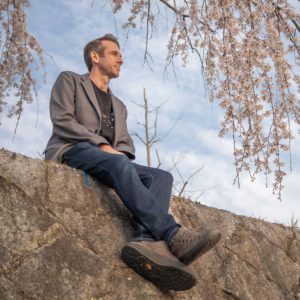 Bluffworks departure jeans worn by Simon in Kyoto cherry blossoms