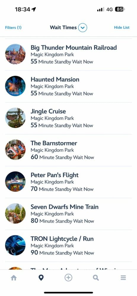 Wait times for Magic Kingdom rides in the My Disney Experience app