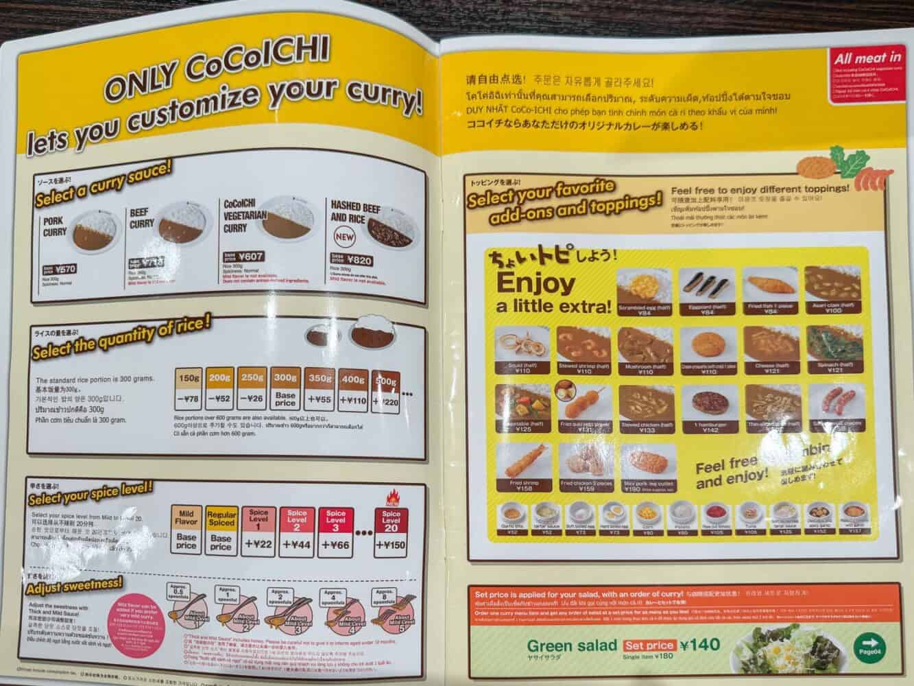 Coco Icibanya English menu in Japan
