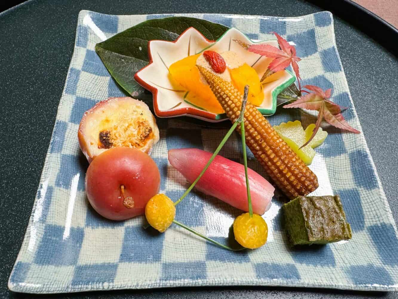 Vegetarian autumn themed appetisers at Tsukihitei ryokan in Nara