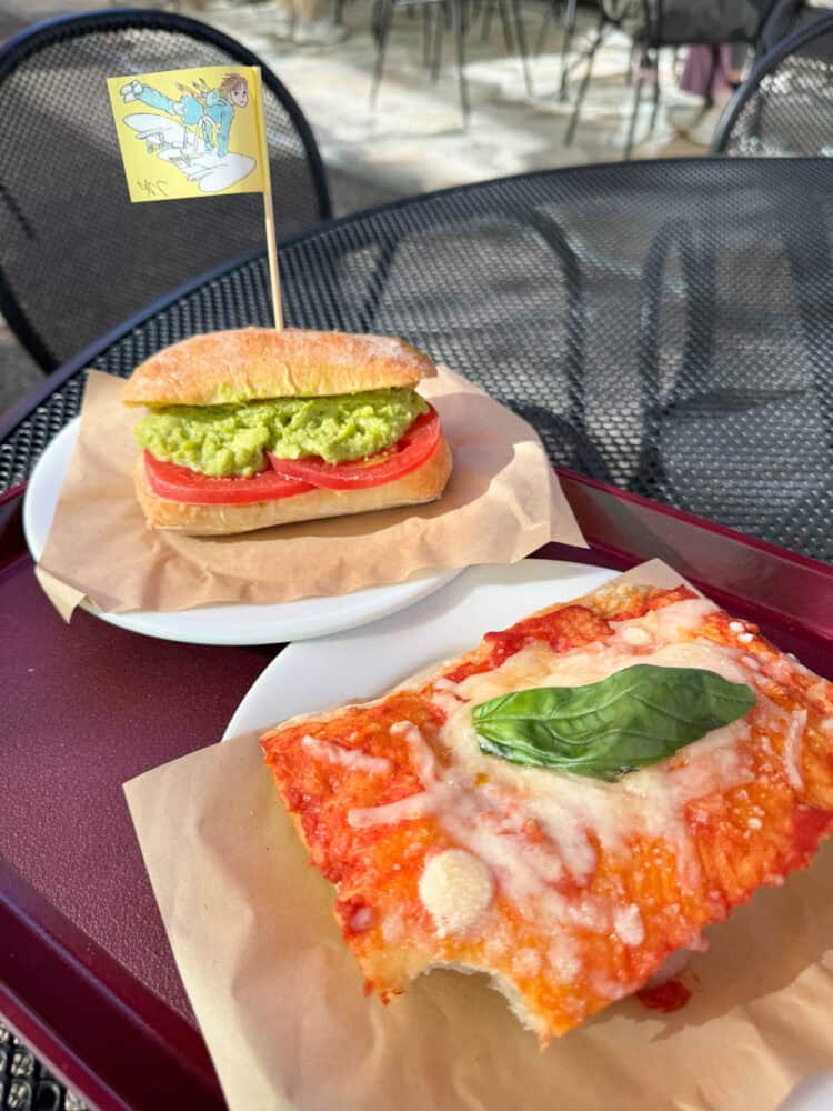 Pizza slice and Guacamole sandwich, cafe in Ghibli Park, Japan