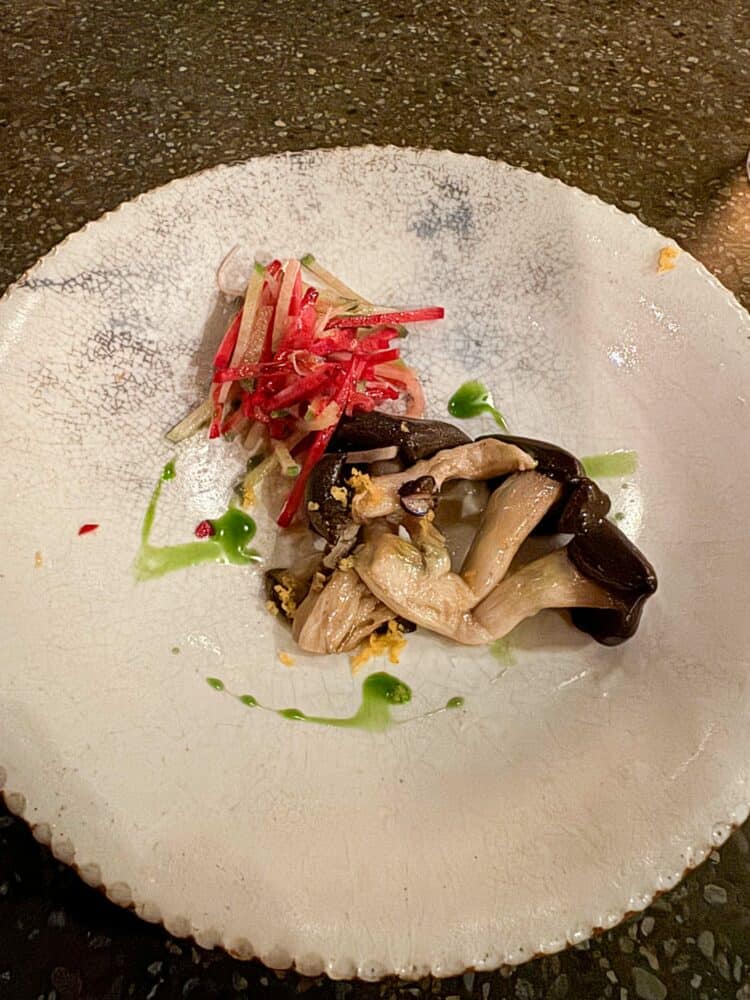 Mushrooms with daikon at Monk Restaurant, Kyoto, Japan