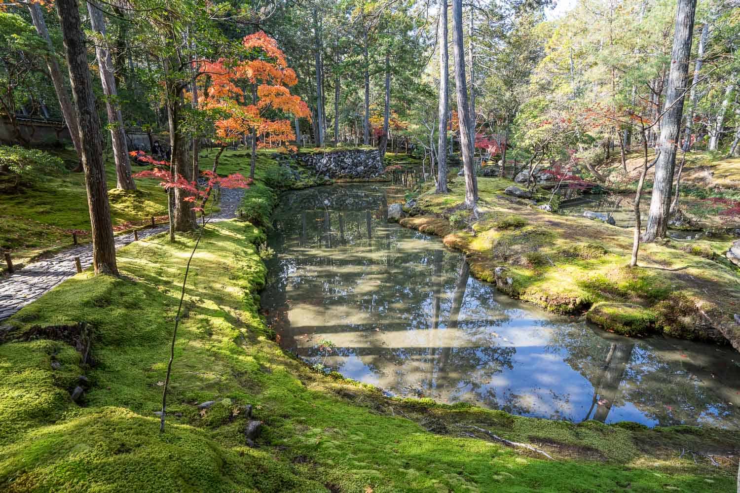 Path around the golden pond in Saihoji Moss Temple Garden, Kyoto, Japan