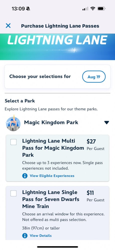 Using the My Disney Experience app to book Lightning Lanes for Magic Kingdom