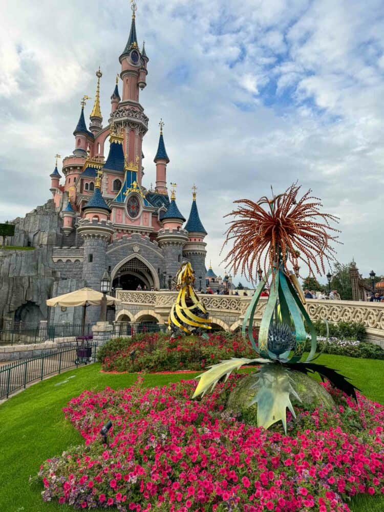 Moving sculptures outside Sleeping Beauty Castle at Disneyland Paris