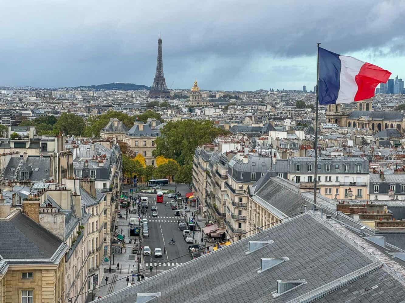 The view of the Eiffel Tower from the Pantheon panorama terrace in Paris