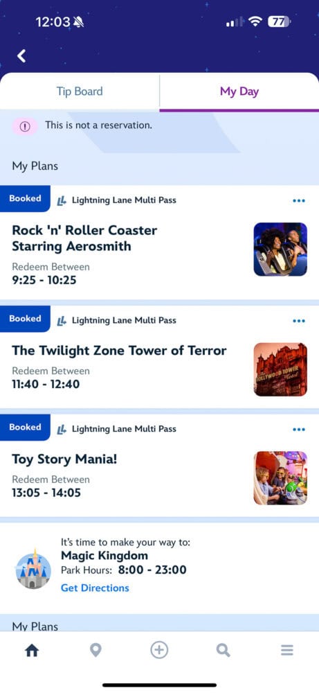 Return times at Hollywood Studio for Lightning Lane Multi Pass in Disney World app