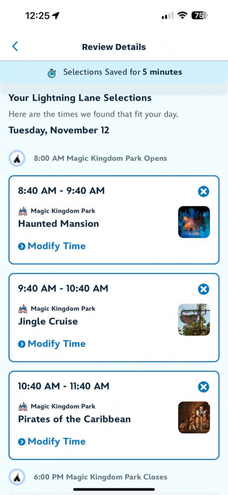 Lightning Lane Multi Pass ride selections for Magic Kingdom in app