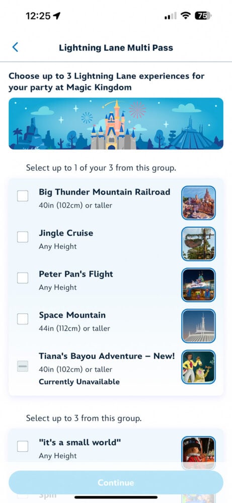 Disney World Lightning Lane Multi Pass selections for Magic Kingdom in the Disney app