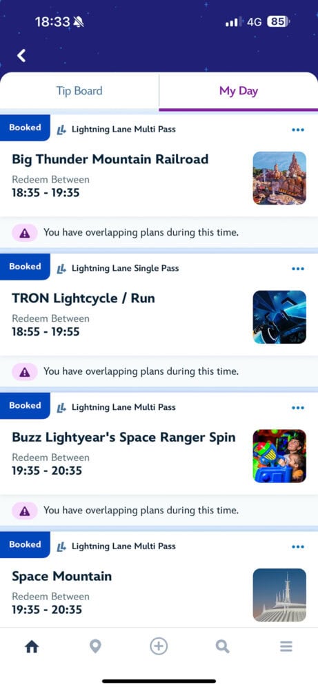 Magic Kingdom Lightning Lane bookings on Disney World app