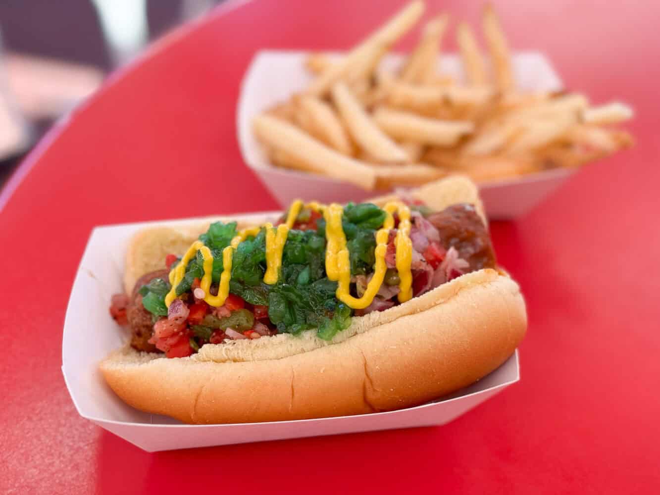 Vegan Chicago hot dog at Casey's Corner, Magic Kingdom, Disney World