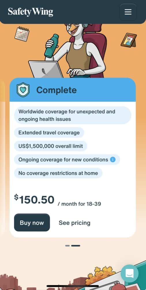 SafetyWing Nomad Insurance Complete plan screenshot