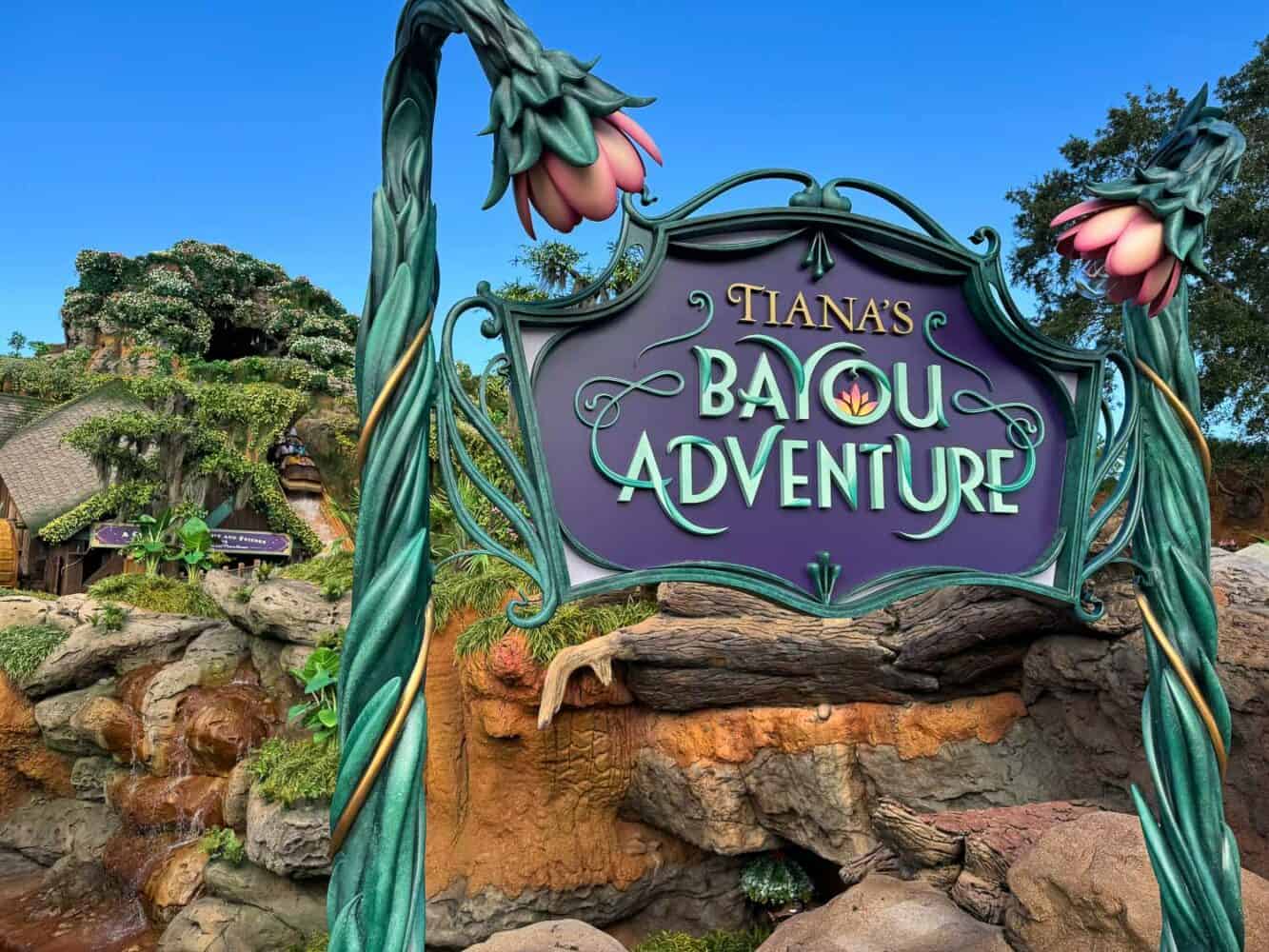 Sign outside Tiana's Bayou Adventure ride in Magic Kingdom