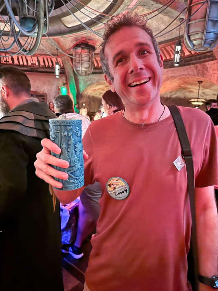 Simon with Yub Nub cocktail in blue souvenir Endor mug in Oga's Cantina at Hollywood Studios. 