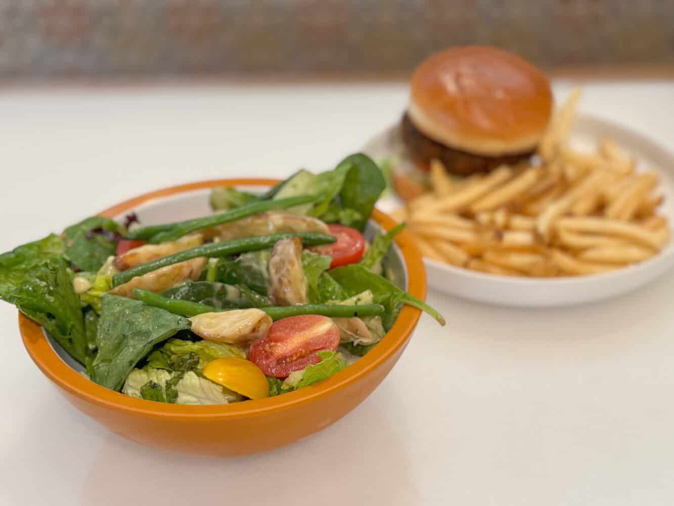 Plant-based burger, fries and salad from Connections Canteen, Epcot, Disney World, Orlando