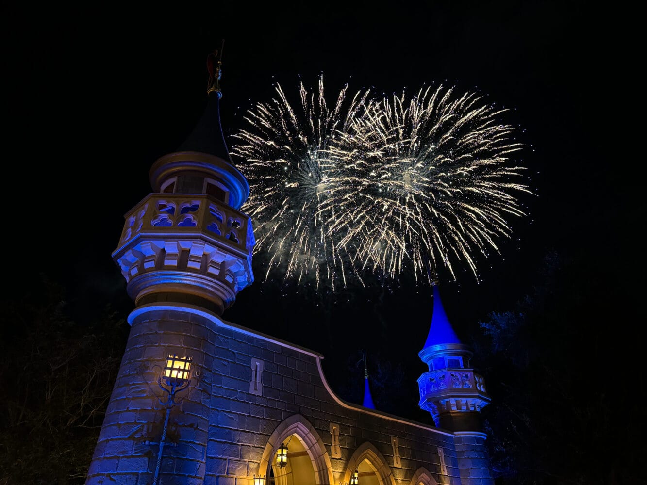 Fireworks from behind the castle, Disney World, Orlando, USA