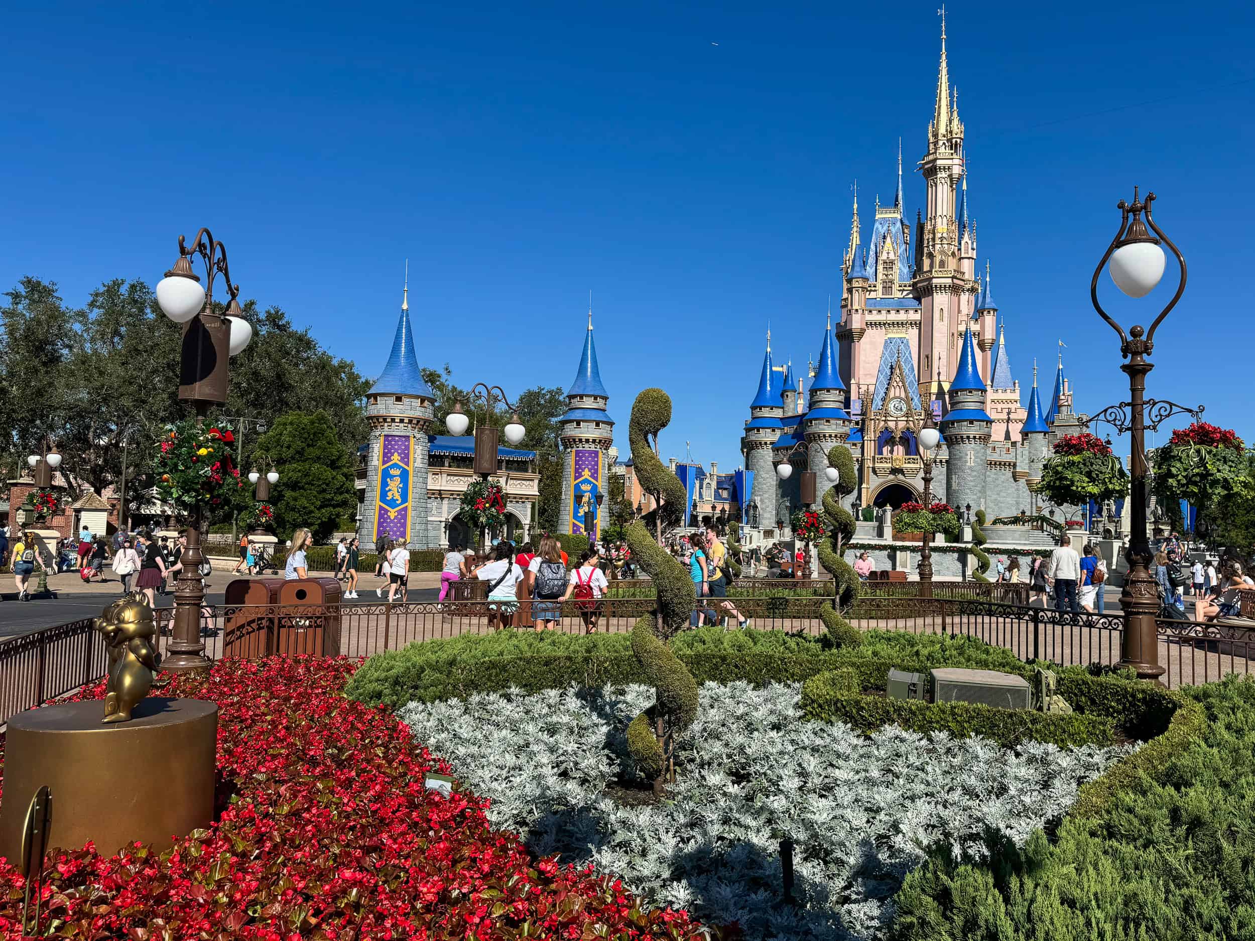 The Magic Kingdom Cinderella Castle with gardens in front at Disney World Orlando