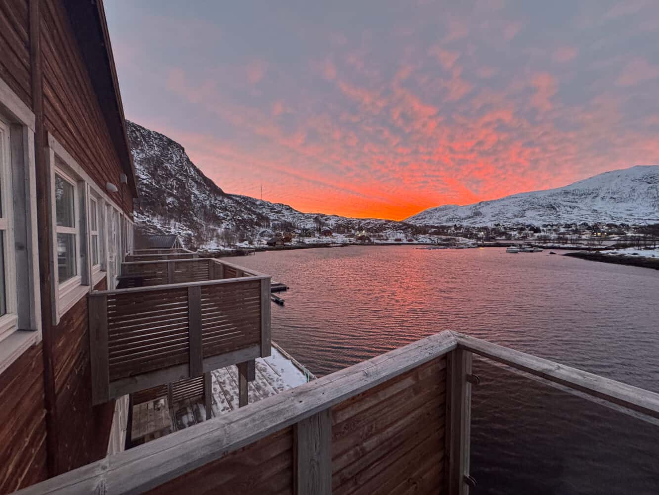 Sunrise view from Ersfjordbotn Brygge apartment on Kvaloya near Tromso, Norway