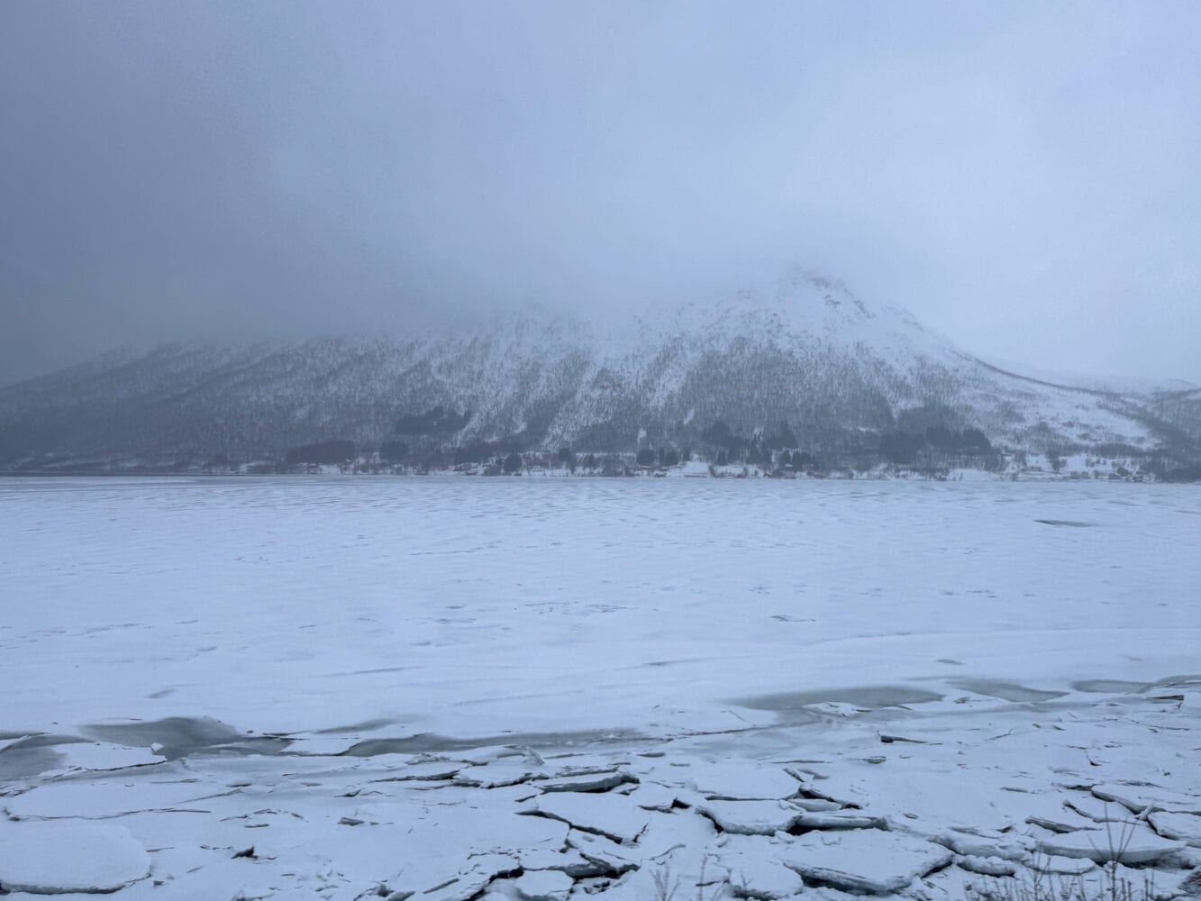 Frozen fjord driving from Kvaloya to Sommaroy, Norway