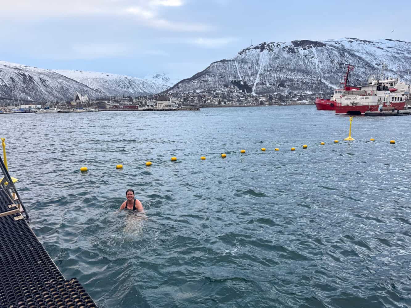 Cold water swimming at Pust sauna, Tromso, Norway