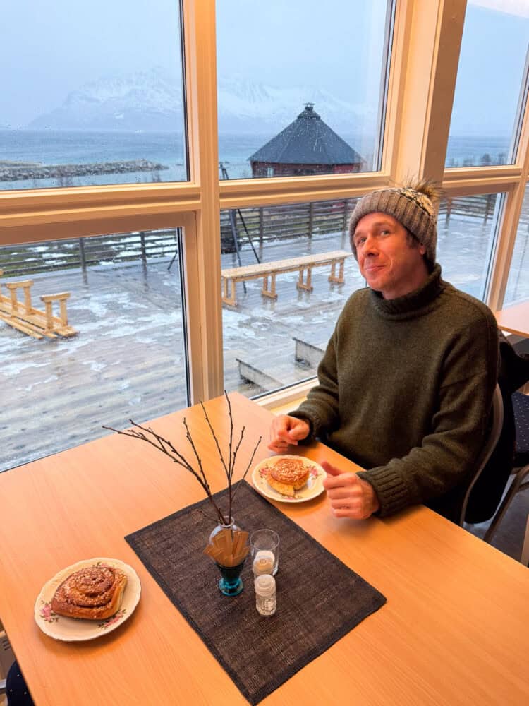 Simon inside Sostrene Cafe, Tromvik, Kvaloya