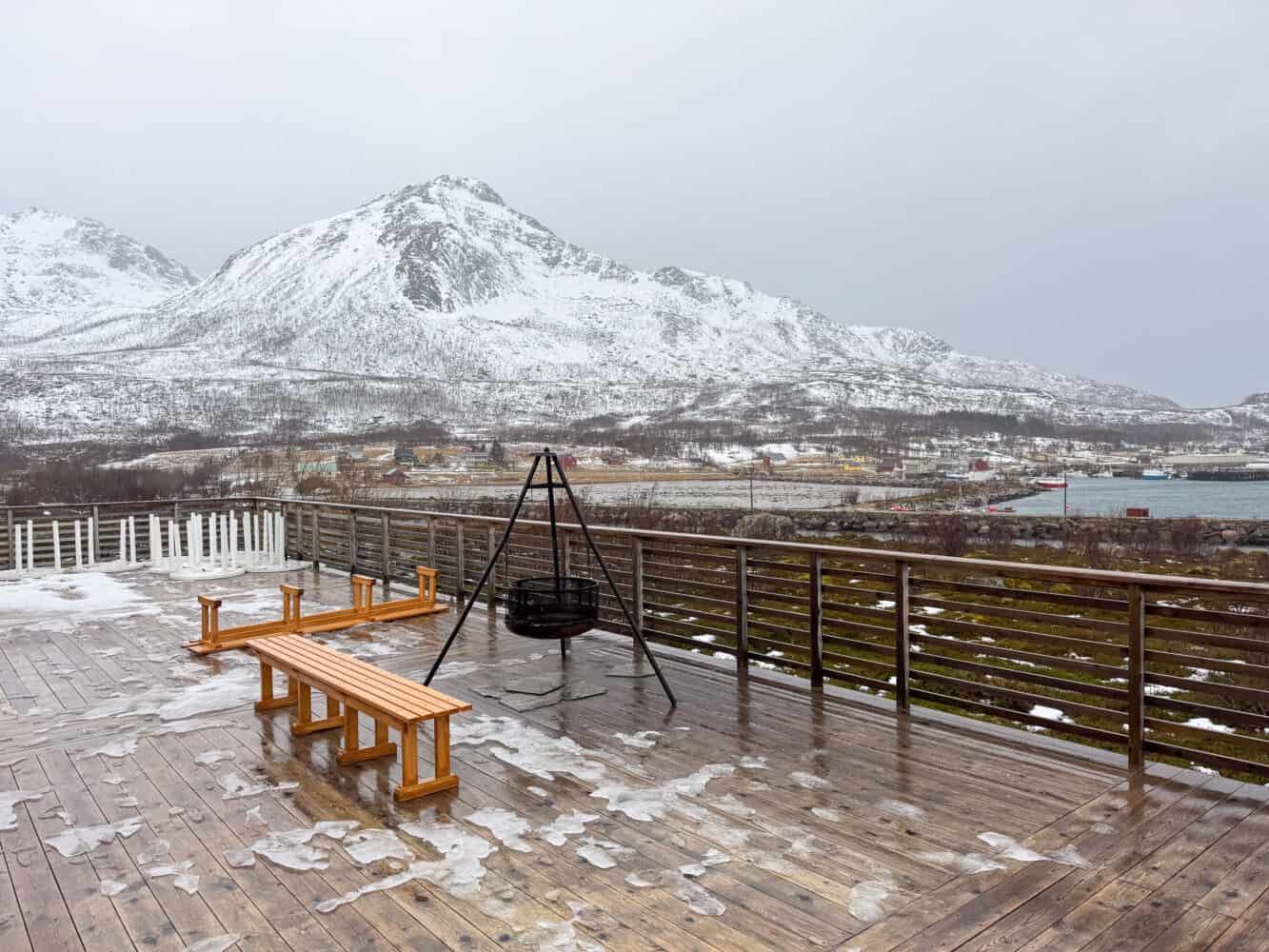 Terrace in winter outside Sostrene cafe in Tromvik, Norway