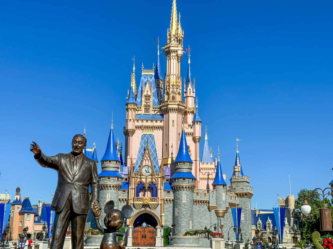 Walt Disney statue and Cinderella Castle at Walt Disney World, Orlando