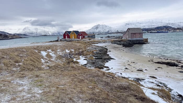 Traditional colourful Norwegian huts in Sommaroy near Tromso, Norway