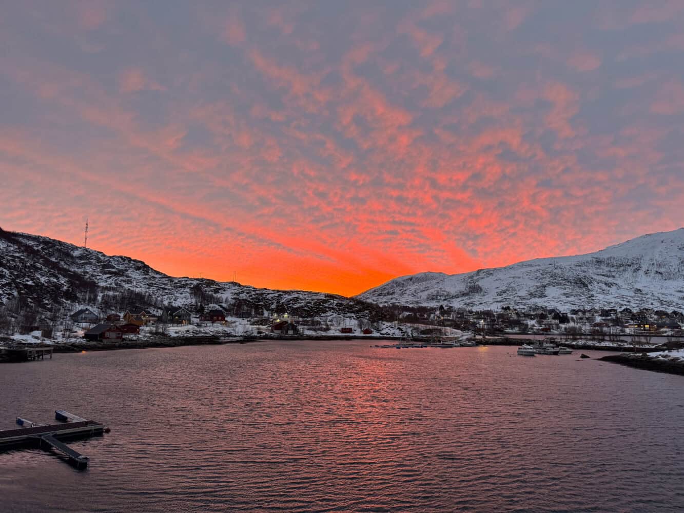 Sunrise from Ersfjordbotn Brygge apartment near Tromso in February