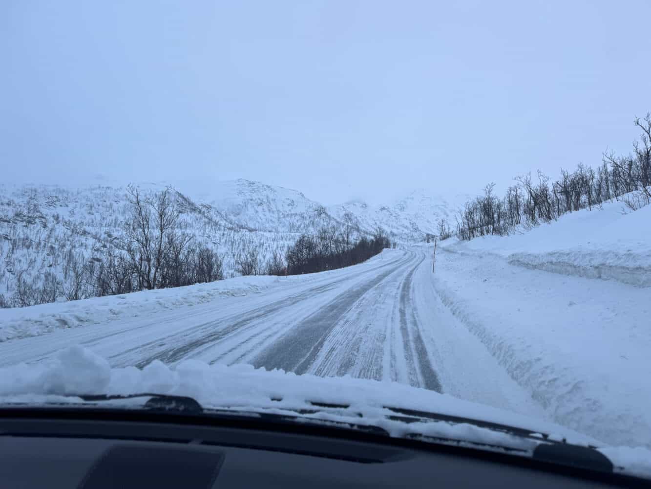 Driving in snow on Kvaloya island near Tromso in February