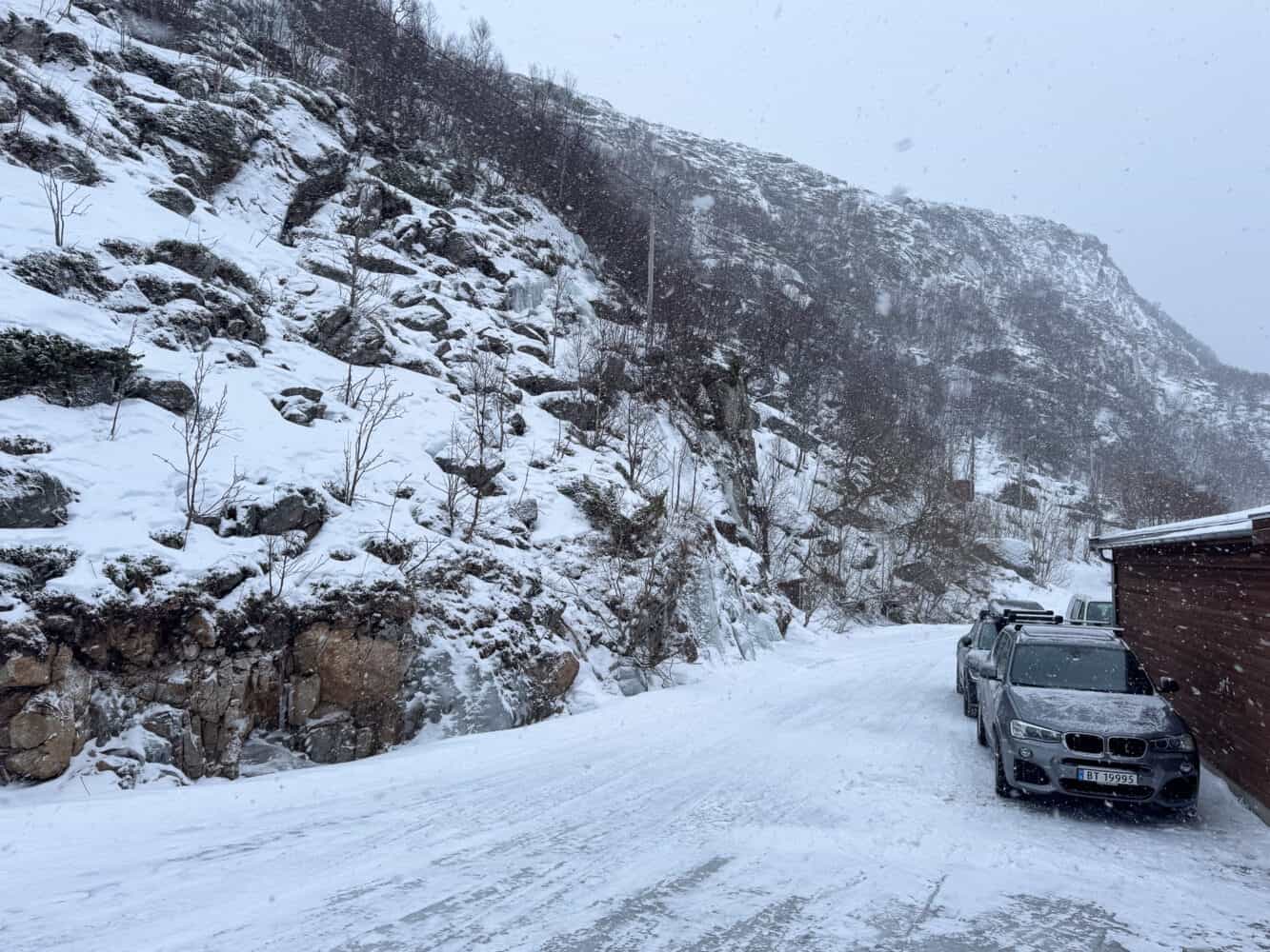 Icy road outside Ersfjordbotn Brygge in winter